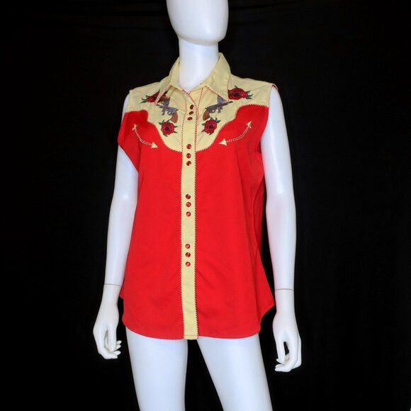 Panhandle Slim Retro Western Shirt Women's XL Red Sleeveless Embroidered Roses - Picture 3 of 6
